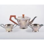 Art Deco three-piece electroplated teaset, conical form,