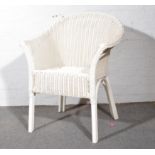 Lloyd loom bedroom chair, painted white, width 65cm.