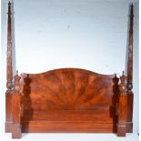 Reproduction mahogany Super King size double bed frame with carved and fluted columns, W216cm.