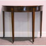 Victorian mahogany and inlaid demi lune hall table, adapted, W90cm x D44cm x H74cm.