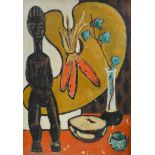 20th century school, Abstract Still life, with tribal figure and artists palette, oil on canvas,