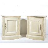 Pair painted pine bedside tables, bowfront, W63cm x D45cm x H78cm.