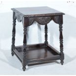 Victorian oak occasional table, square top with carved and moulded edge, lunette, frieze,