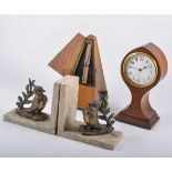 Edwardian mahogany mantel clock; pair of oak barley twist candlesticks;