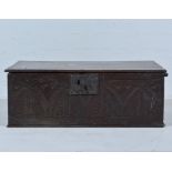 Joined oak Bible box, rectangular boarded top, lunette carved front panel, basically 18th Century,