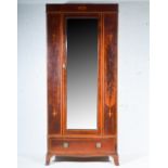 Edwardian inlaid mahogany wardrobe, plain cornice, rectangular mirrored door above a drawer,