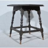 Carved oak octagonal table, shaped apron on turned supports joined by stretchers, W77cm x H70cm.