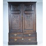 Oak linen press, cavetto moulded cornice, panelled doors above three drawers, plinth base,