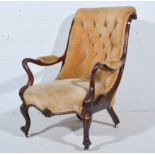 Victorian mahogany armchair, scrolled back, shaped arms, serpentine seat, cabriole legs,