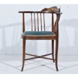 Victorian mahogany corner chair, inlaid with an urn and scrolls, within stringing, slat-back,