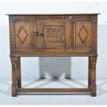 Reproduction oak side table, carved door, parquetry inlay, W92cm x D35cm x H83cm.