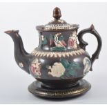 Bargeware teapot, 20cm, initialled W. D., with associated stand.