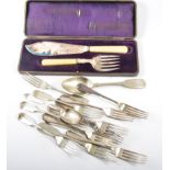 Silver-plated flatware to include: a cased set of fish servers, set of fish eaters,