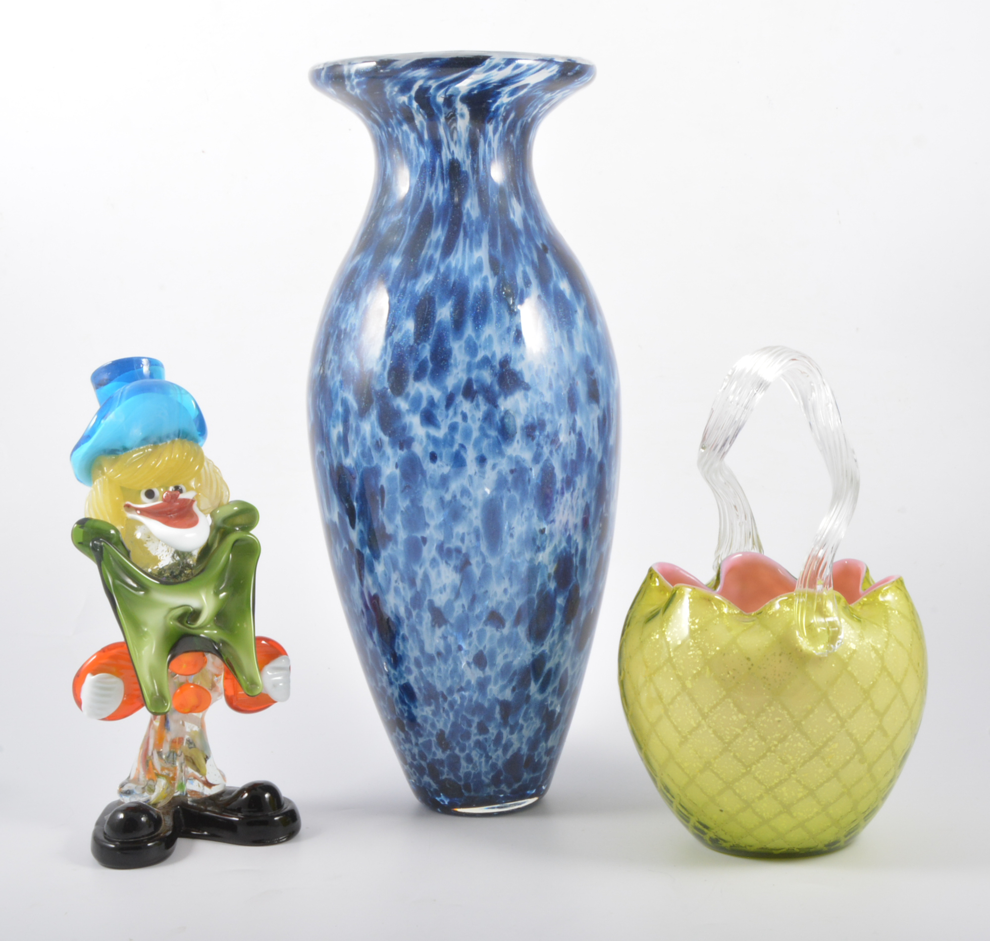 A fancy glass basket, 21cm, Murano style clown, Mdina and other glass.