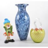 A fancy glass basket, 21cm, Murano style clown, Mdina and other glass.