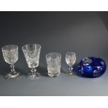 Set of six lead crystal wine glasses, other drinking glass and an ash tray.