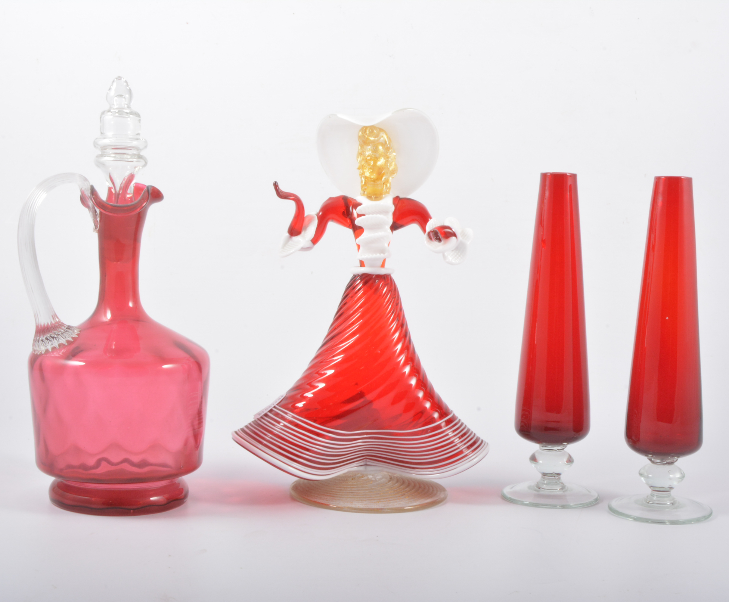 Pair of Cranberry glass decanters, with stoppers, 27cm; collection of Cranberry and Ruby glass,