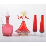 Pair of Cranberry glass decanters, with stoppers, 27cm; collection of Cranberry and Ruby glass,