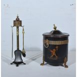 Toll Ware and lacquered coal bucket with a brass urn finial, ring handles and three paw feet,