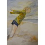 Late 20th century, Children in a rainstorm, watercolour, unsigned, 57 x 75cm, (unframed),