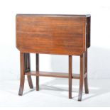 Small Edwardian inlaid mahogany Sutherland table, with satinwood banding, and fan marquetry roundel,