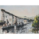 RGW, river scene with buildings, initialled, oil on board, 30cm x 40cm.