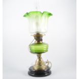 Edwardian oil lamp, with green tinted shade, converted, 56cm.