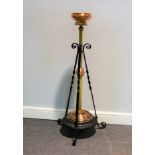 Wrought iron brass and copper adjustable jardiniere stand, adapted from a lamp base height, 111cm.