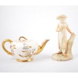 Royal Worcester teapot, blush ivory ground, simulated bamboo handle and finial,