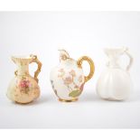 Royal Worcester jug, ivory ground, No.1094, hand-painted with flowers, 13cm; coral handled jug, No.