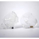 Two Mats Jonasson Swedish crystal paperweights/ sculptures, including 'Owlets' 13cm high,