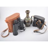 One box miscellaneous, including binoculars, Cloisonne vase, a pair of Cobra candlesticks,