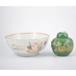 A collection of Chinese ceramics, three tea bowls, saucers, a flower brick,