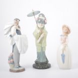 A collection of Lladro, a Japanese Geisha girl with parasol, 31cm high, a Bride and Groom 27cm,