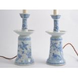 Pair of Chinese blue and white porcelain candlesticks, serving as lamp bases,