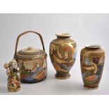 Four crates of Japanese Satsuma ware, teaware, pairs of vases, small bud vases, ginger jar,