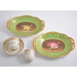 A pair of Coalport dishes, having gilt handles and borders,