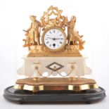 French gilt spelter and alabaster mantel clock, modelled with gardeners, white enamel dial,