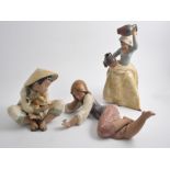 Three Lladro stoneware figures, Reclining girl with snail, Girl with ewers, Seated girl with puppy,