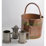 Collection of pewter mugs, measures and jug; together with a copper coal bin.