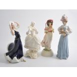 Royal Dux figurines, Lady in hat, Gentleman, Lady with dog, Lady seated, three Goebel figurines,