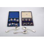 Two cased sets of silver teaspoons, Sheffield 1944 in a Harrods case and 1908,
