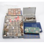 Tray of British pre-decimal and decimal coins, tokens and medallions,