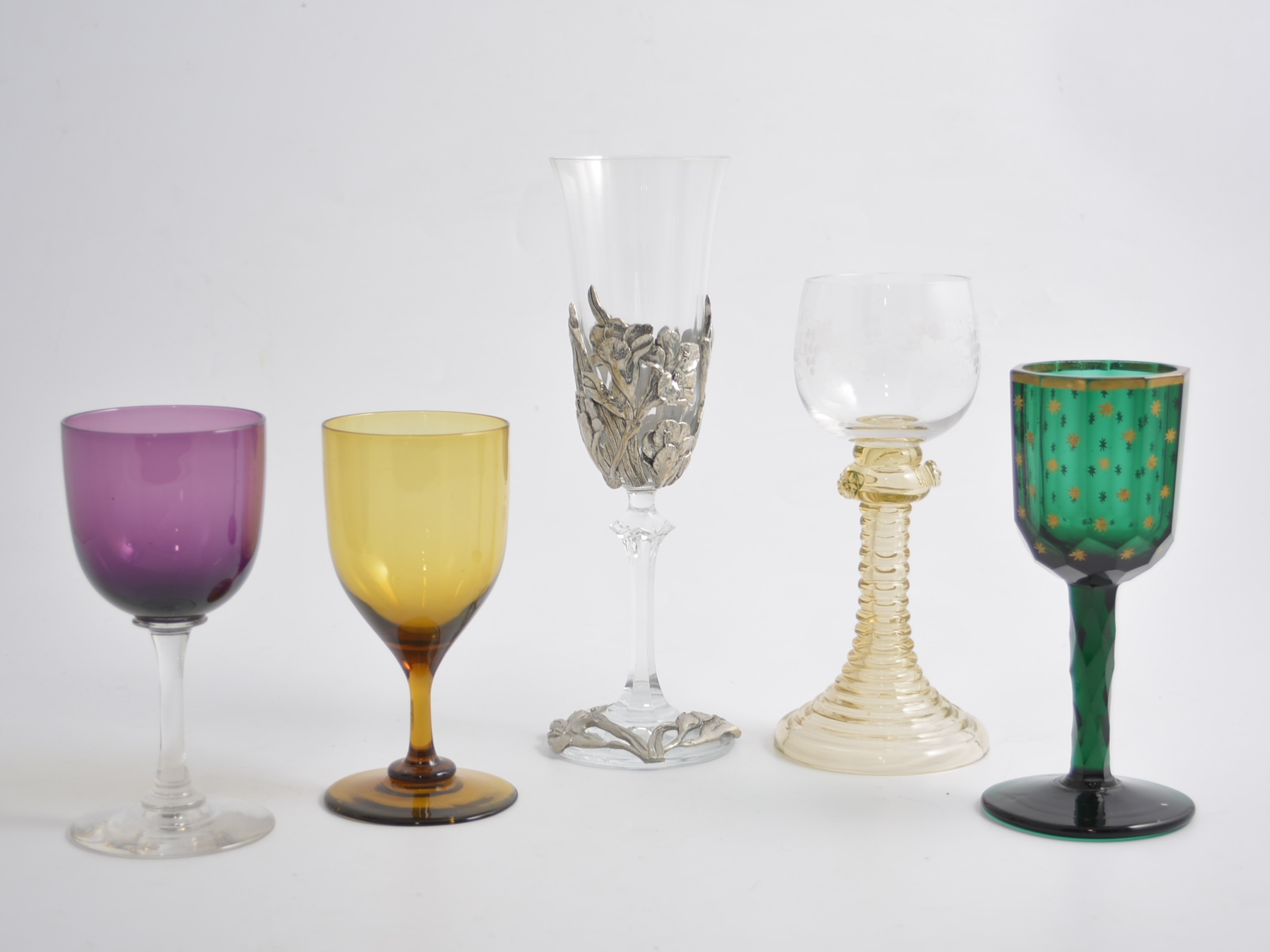 Victorian firing glass, tapering conical bowl, 11cm; Victorian wines; two rummer type glasses, etc.