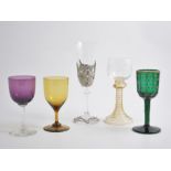 Victorian firing glass, tapering conical bowl, 11cm; Victorian wines; two rummer type glasses, etc.