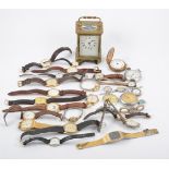 A collection or wrist and pocket watches and a carriage style clock,