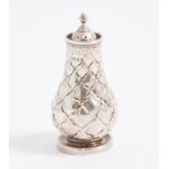 A Victorian silver perfume bottle, baluster form with cross hatched sections,
