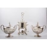 A pair of Mappin Bros silver plated sauce tureens with covers and ladles,