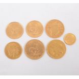Seven Gold Coins, Rhodesia Ten Shillings, South Africa 1 Rand and 2 Rand,