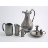 Quantity of pewter and metalware, to include chamberstick, 11cm; tankards; jug.